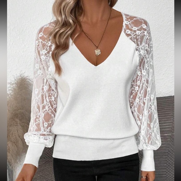 Elegant Sheer Mesh Floral Lace Long Sleeve Sweater Top - Picture 3 of 6